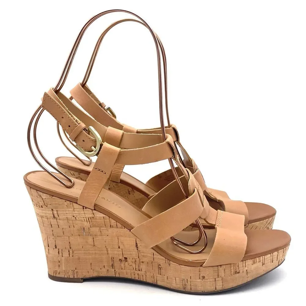 Franco Sarto Cera Tan Leather Strappy Cork Wedge Sandal Shoes Women’s Size 10